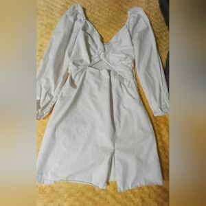 Elegant White Cream Tie Front Sheath Dress with Plunge Necklin